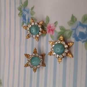 Vintage Gold Star Aqua Blue Cabochon Screw Back Earrings and Pin Set